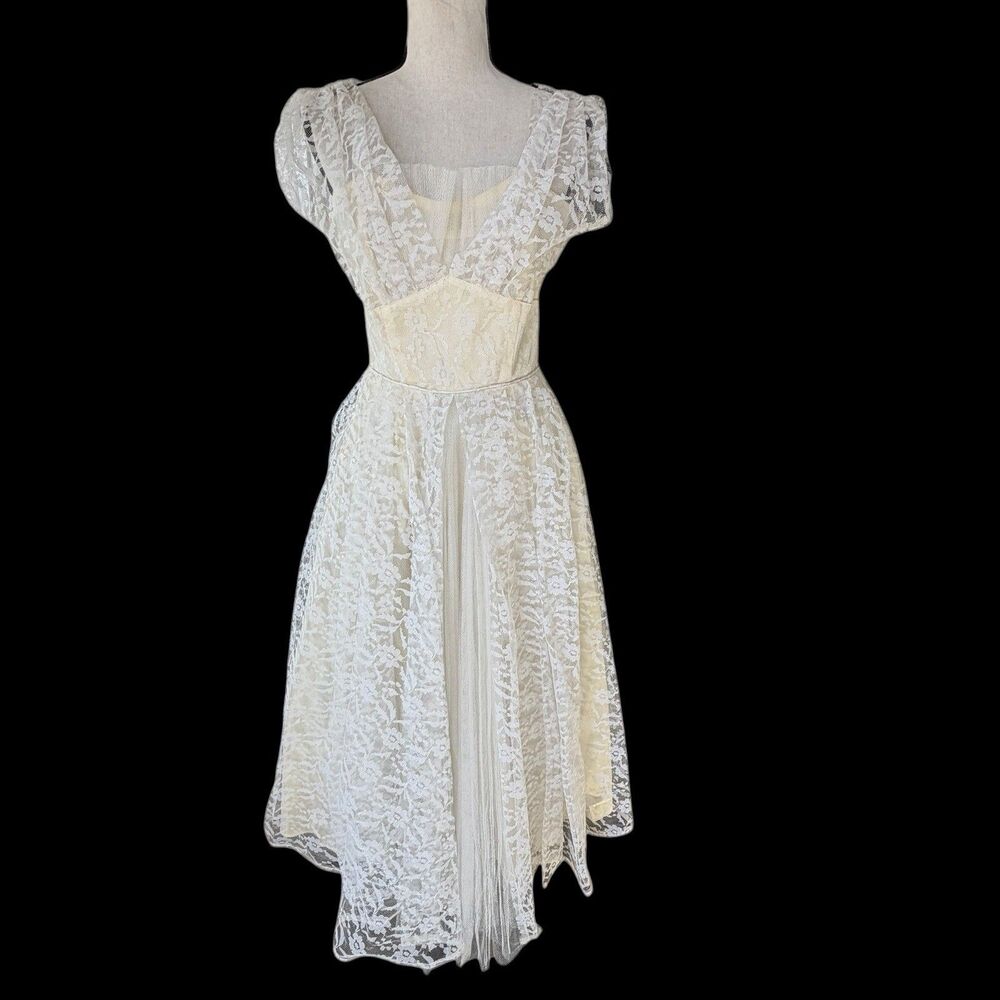 VTG 50s 60s Lace Bridal Party Dress Cream White Cottagecore Prairie Fit Flare S